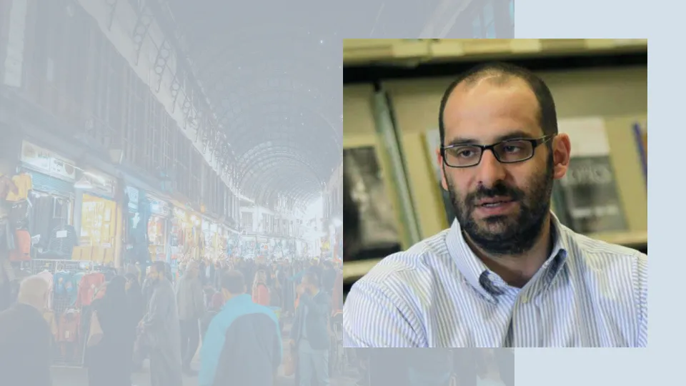 Photo of Omar Dahi, courtesy of the interviewee. Background image of Old Damascus market, credit Mahmoud Sulaiman.